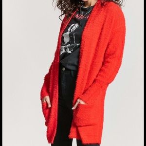 EUC Forever 21 Red Fuzzy Oversized Long Cardigan